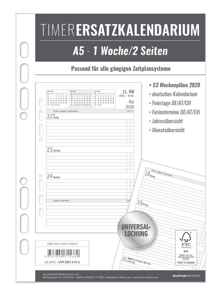 Timer Ersatzkalendarium A5 2020 Kalender Alpha Edition