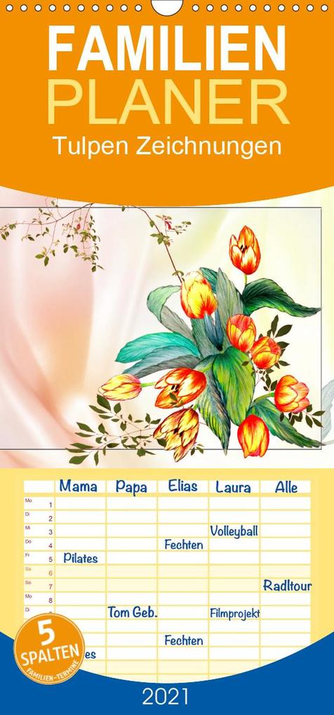 Tulpen Zeichnungen - Familienplaner hoch (Wandkalender 2021  21 cm x 45 cm hoch)