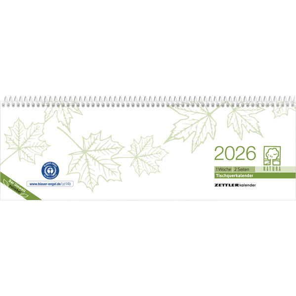 Tischquerkalender Recycling 2026 - 296x99 - 1 Woche auf 2 Seiten - Blauer Engel - Kalender aus Recyclingpapier - Stundeneinteilung 7 - 19 Uhr - 116-0700