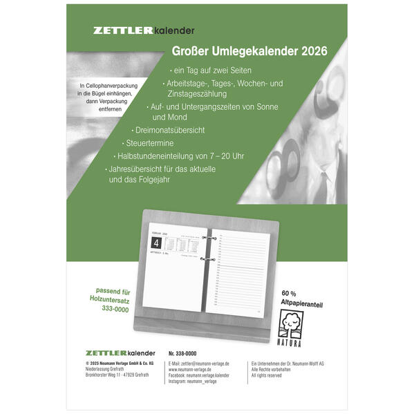 Großer Umleg-Kalender 2026 - 105x142 cm - 1 Tag auf 2 Seiten - zum Einheften - Bürokalender mit 2-fach Lochung - Stundeneinteilung von 7 - 20 Uhr - 338-0000
