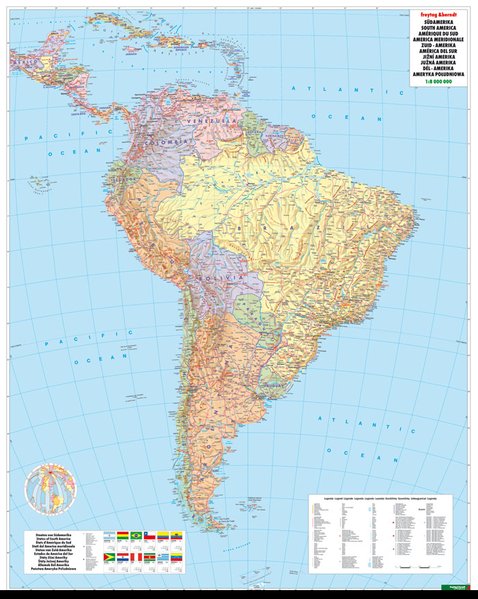 Südamerika physisch-politisch 1 : 8 000 000. Metallbestäbt